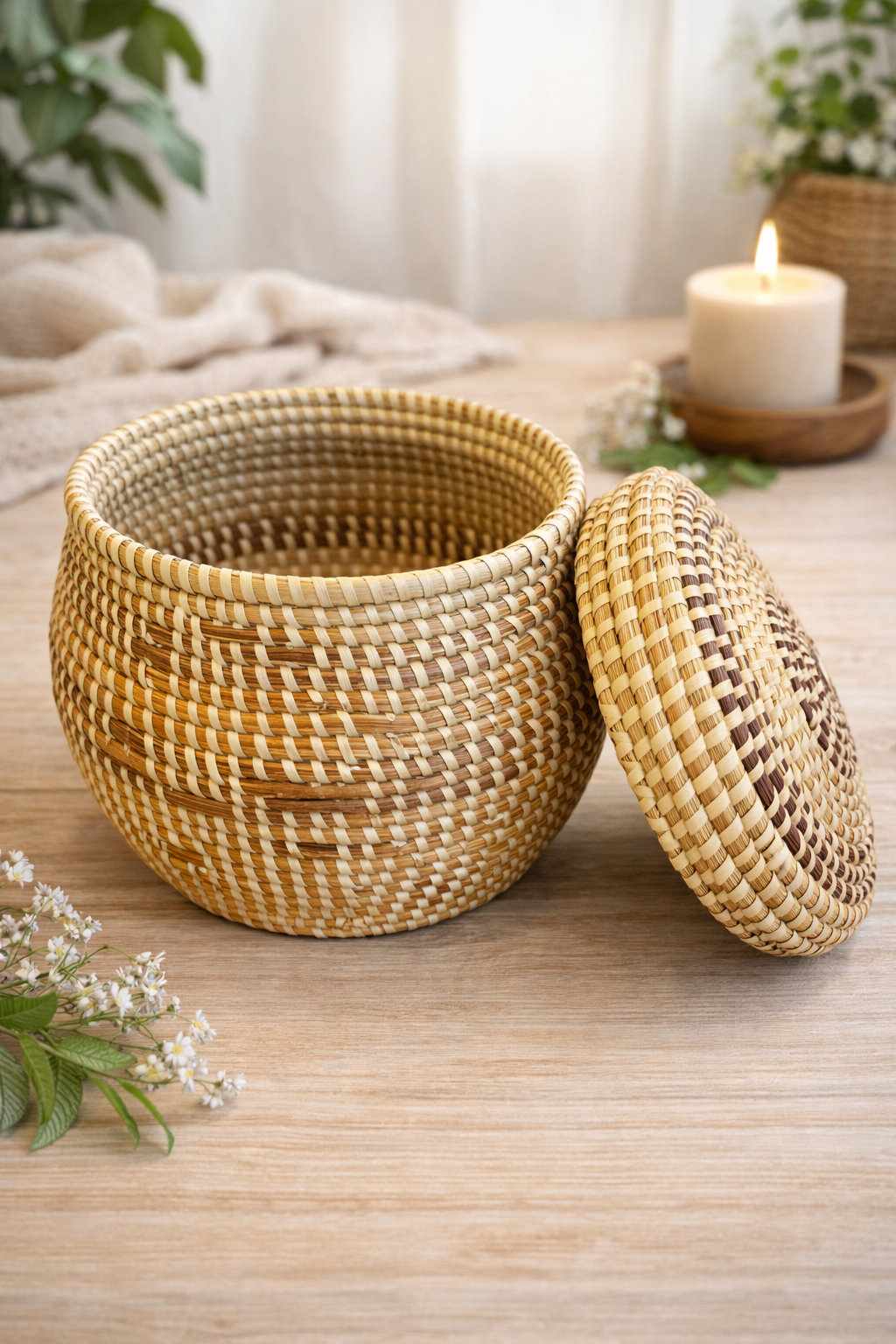 Authentic Charleston Sweetgrass Basket with Lid- Handwoven by Local Artisan