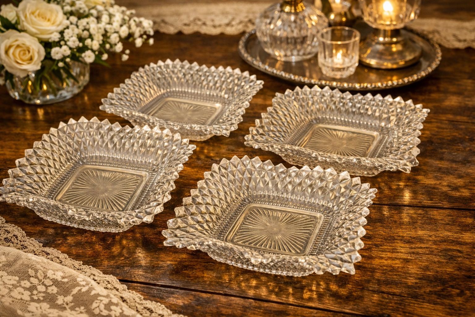 Vintage Cut Glass Square Dessert Dishes- Set of 4