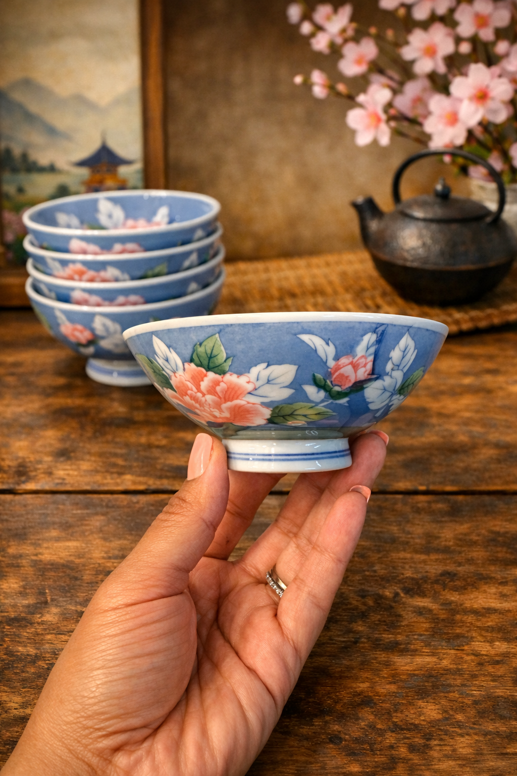 Vintage Japanese Floral Porcelain Bowls - Set of 6