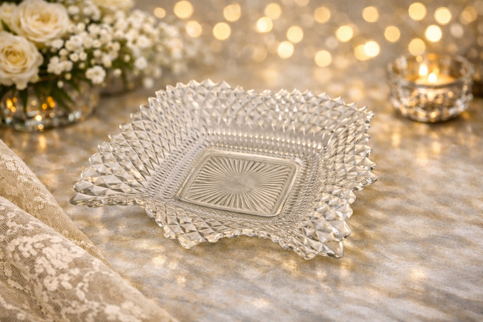 Vintage Cut Glass Square Dessert Dishes- Set of 4